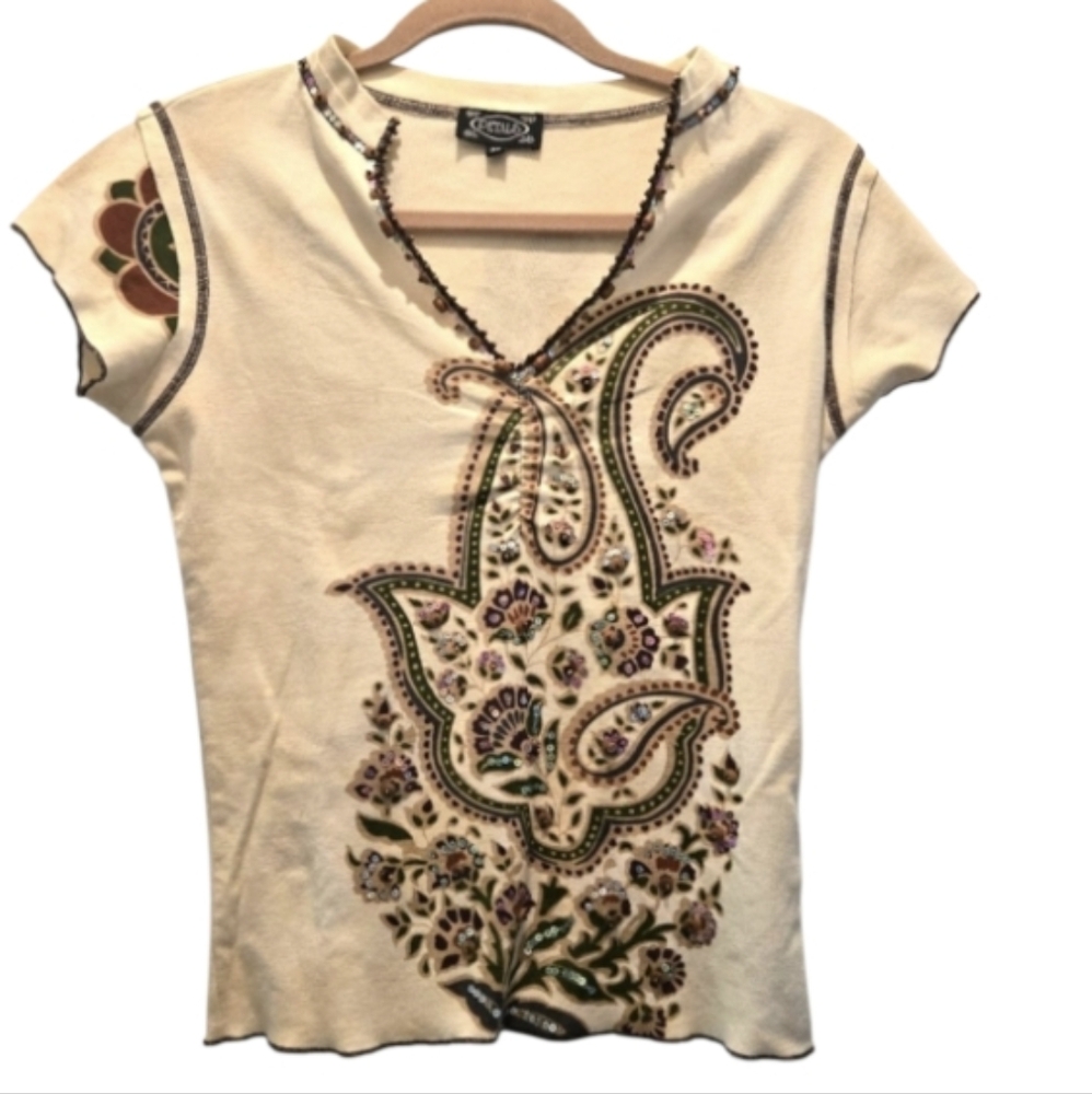 Vintage Y2K Top S Cap Short Sleeve Floral Embellished Baby Tee Neutral Sequin